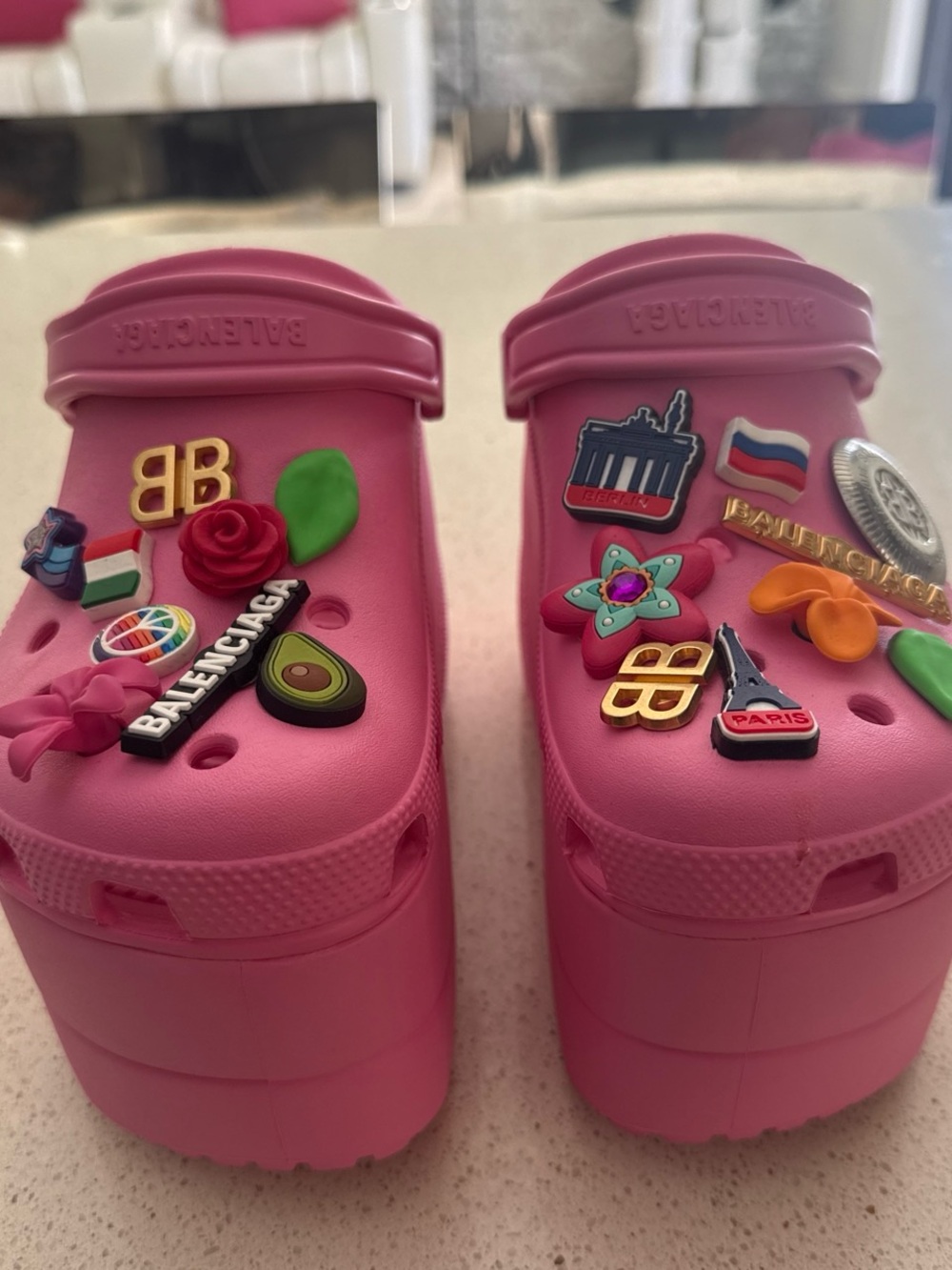 Balenciaga  Pink Platform Clog Sandals with Decorative Charms